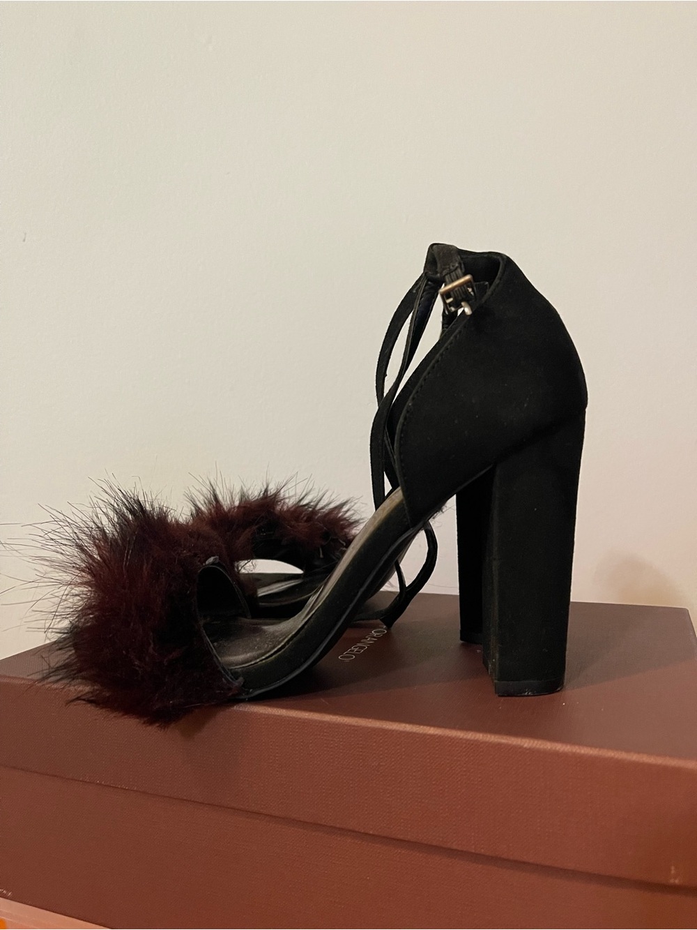 Black and Burgundy Feather Block Heel Sandals - Women's Dress Heels